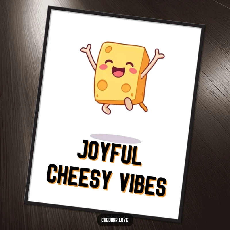 Funny digital art print of a cheese block in an ecstatic leap, radiating pure happiness. An immediate funny gift.