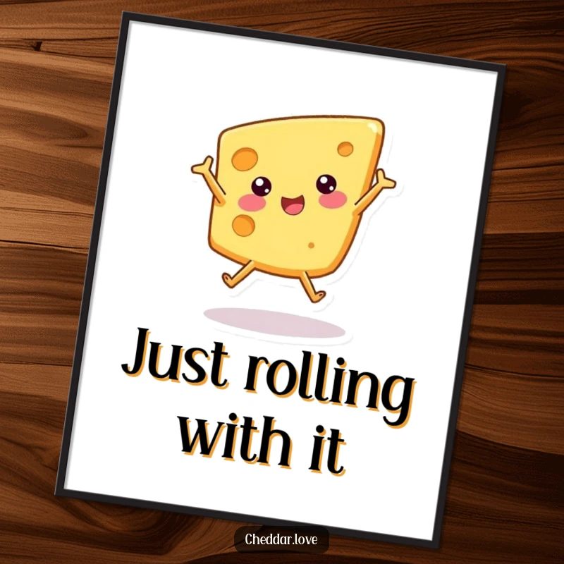Funny digital art print of a cheese wedge performing a cartwheel, offering instant humor and playful vibes.