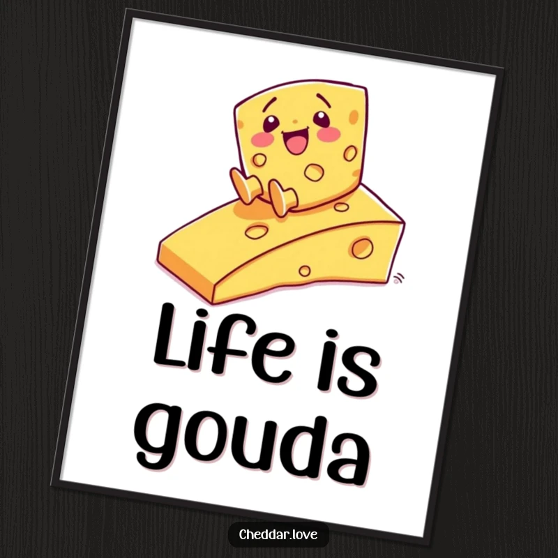 Funny Digital Art: A smiling cheese character gleefully sliding down a cheesy ramp, a fun piece for decor.