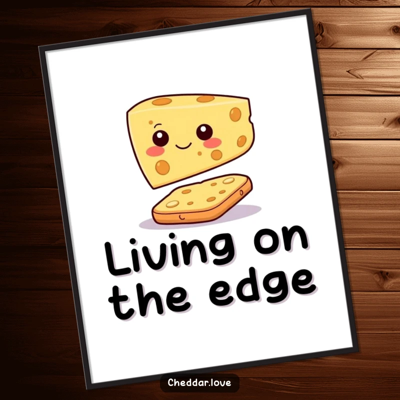 Funny digital art print of a happy cheese slice character balancing precariously on a cracker, embodying playful food art.