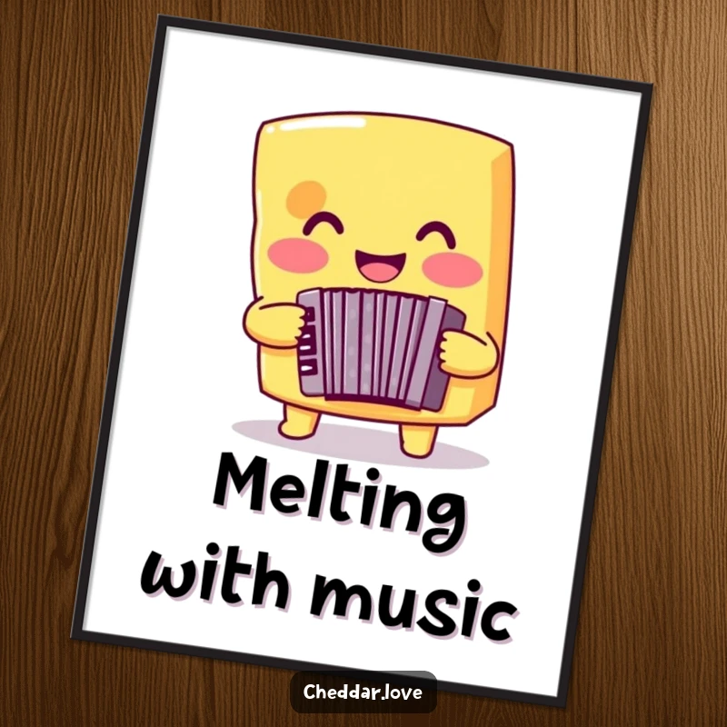 Funny cheese digital art print of a smiling cheddar cheese playing an accordion, cheerful musical artwork.
