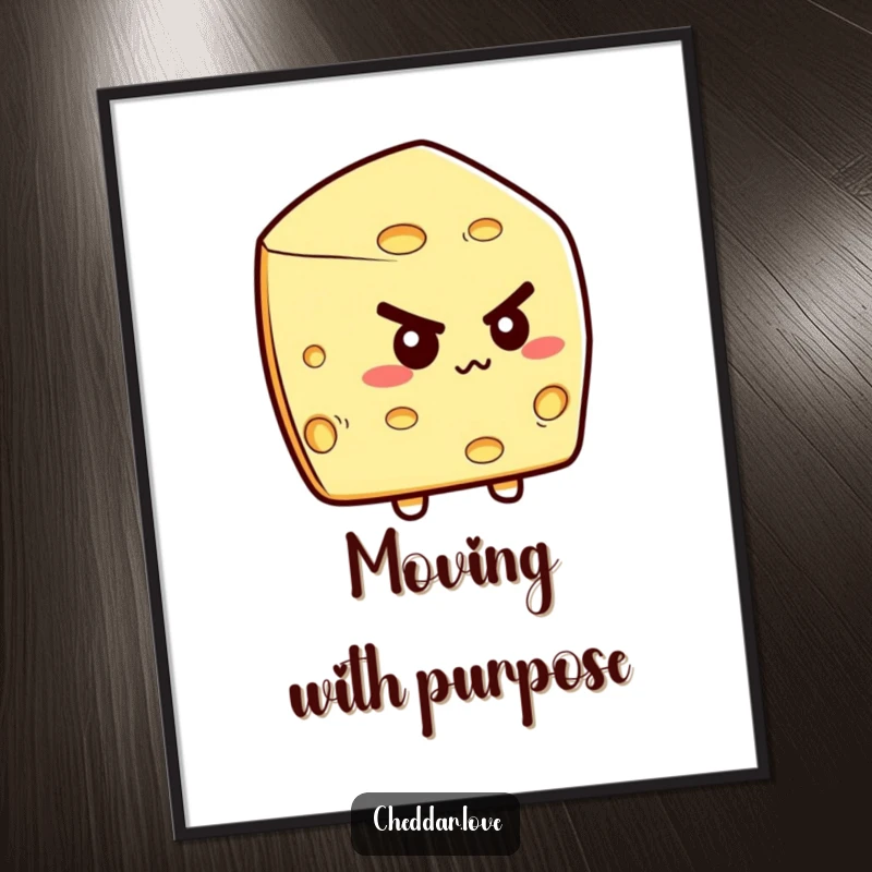 Funny digital art print of a determined cheese wedge, exuding focus and readiness. An immediate funny gift.