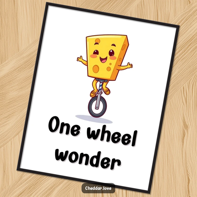 Funny Cheddar Cheese Digital Art: A cheerful cartoon cheese character grinning while balancing perfectly on a unicycle.