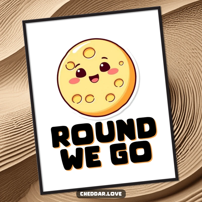 Funny digital art print of a circular cheese slice joyfully bouncing, a cheerful and humorous addition to any digital collection.