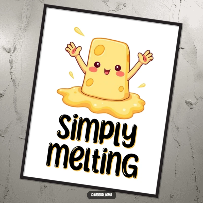 Funny digital art print of a melted cheese puddle waving enthusiastically, offering instant warmth and humorous vibes.