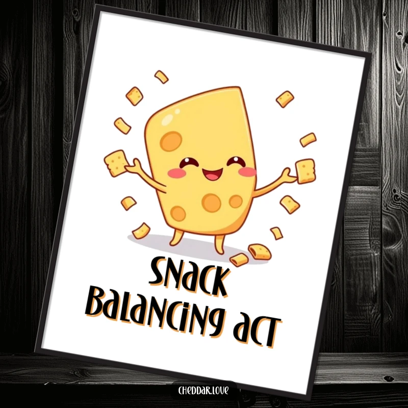 Funny digital art print of a cheese character juggling crackers, perfect for adding a whimsical and humorous touch to any space.