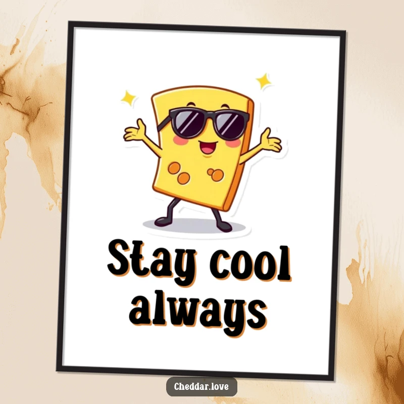 Funny digital art print of a slice of cheese in sunglasses doing a disco dance, offering instant retro humor.