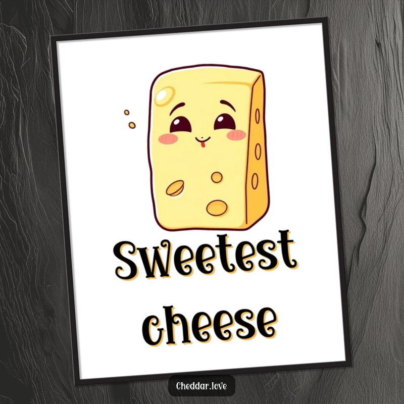 Funny grinning cheese wedge blowing a kiss, a digital art print for instant decor.