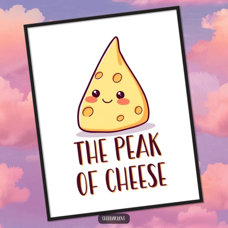Funny smiling cheese wedge digital art print, pointing dramatically upwards, bringing motivational and cheesy vibes.