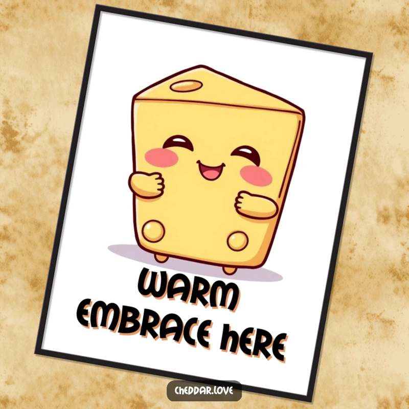 Funny digital art print of a smiling cheese wedge giving a warm hug, conveying comfort, kindness, and cheesy humor.