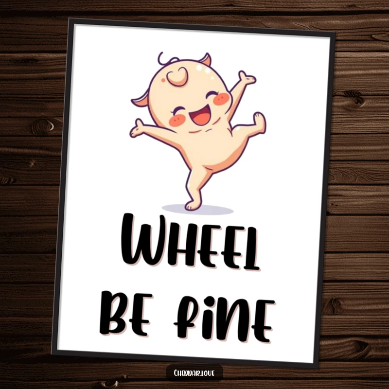 Funny digital art print of a cheese character performing a cartwheel, perfect for instant wall decor and cheerful vibes.