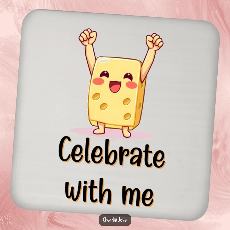 Funny cheese coaster, a triumphant cheese slice with arms raised, celebrating a victory while protecting your surfaces.