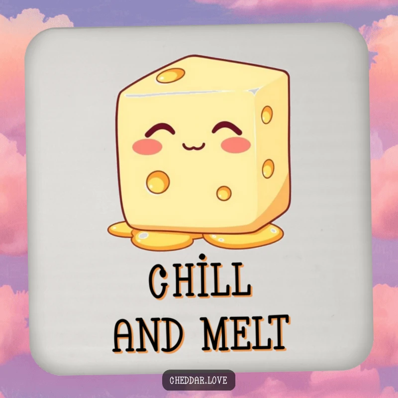 Funny block of cheese with eyes closed, happily melting, on a humorous cheese drink coaster, protecting surfaces.
