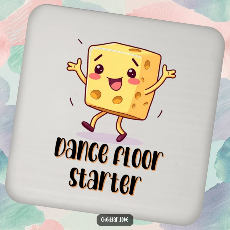 Funny dancing cheese coaster, a block of cheese in a silly dance pose, ready to protect your tables with flair.