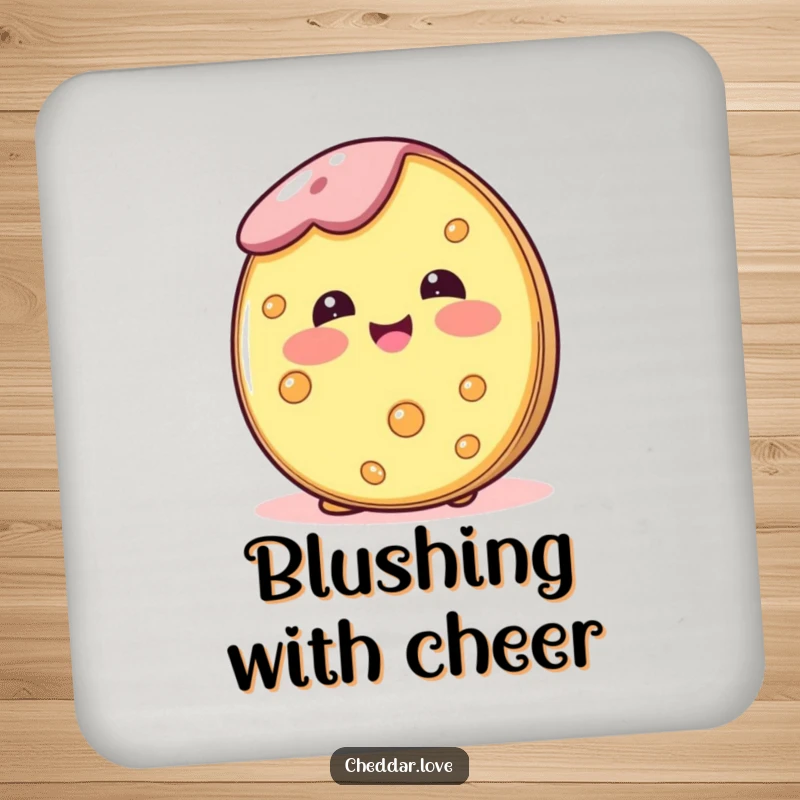 Funny drink coasters depicting a cheese wheel blushing happily, protecting surfaces with sweet charm.