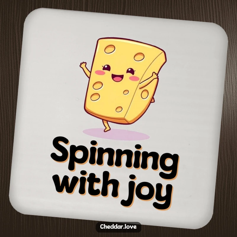 Funny cheese coaster, a happy cheese slice doing a cartwheel, providing protection with a side of humor.