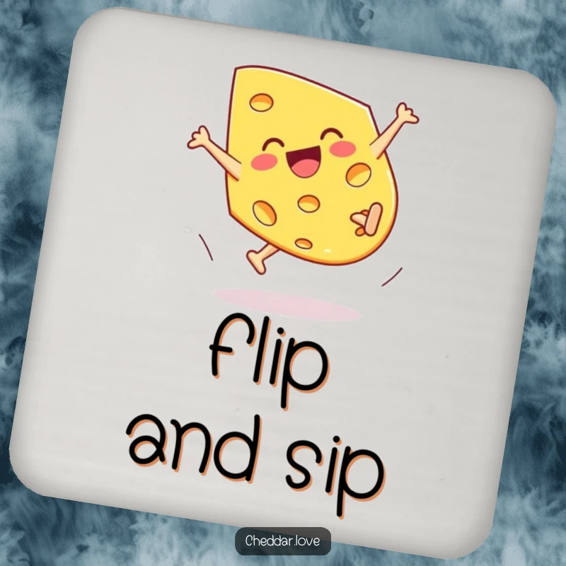 Funny Cheddar Cheese Coaster, a piece doing a cartwheel with joyful abandon, adding humor to drinks.