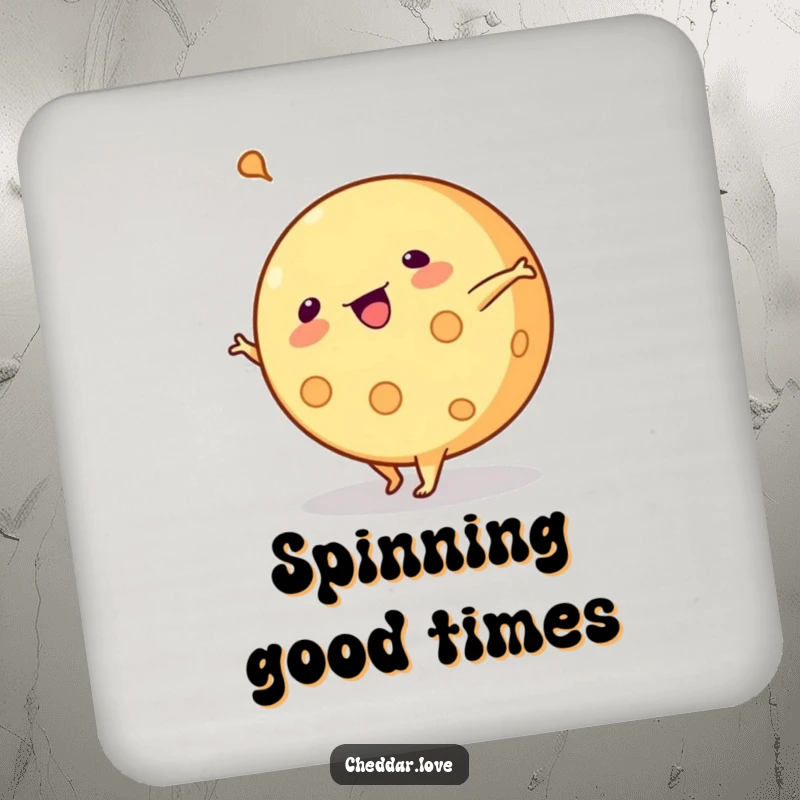 Funny coasters: A round of cheese performs a cartwheel, a humorous and protective tabletop accessory.