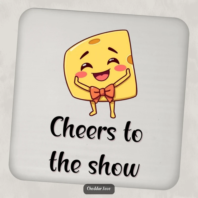 Funny Cheddar Cheese Coaster: A grinning cheddar cheese wedge taking a theatrical bow, guarding your drinks with humor.