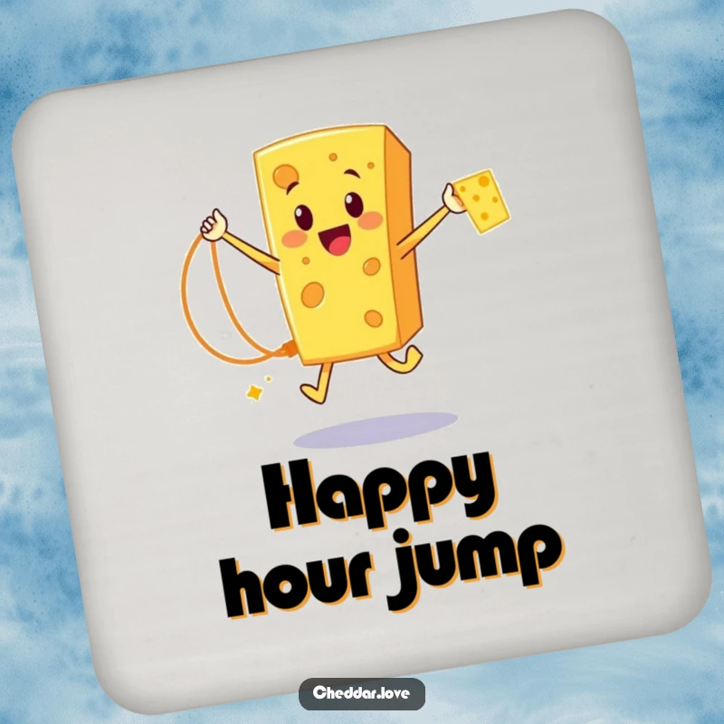 Funny Cheddar Cheese Coaster: A happy cartoon cheese character jumping rope with a cheese strand, protecting your drinks with humor.