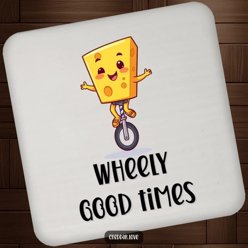 Funny Cheddar Cheese Coaster: A grinning cartoon cheese character expertly riding a unicycle, guarding your drinks with humor.