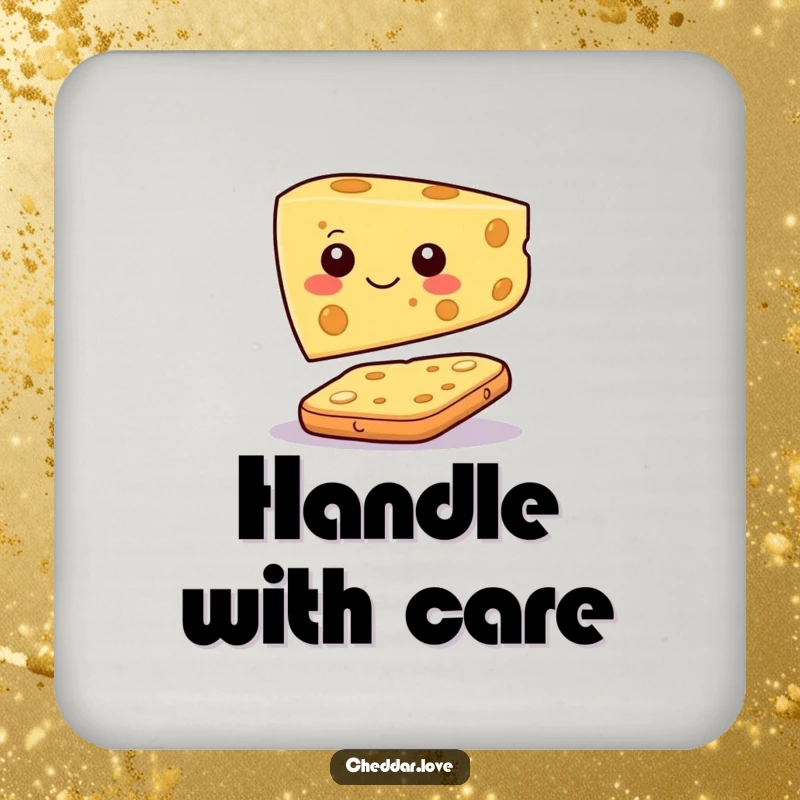 Funny coaster featuring a happy cheese slice character balancing precariously on a cracker, a playful addition to protect surfaces.