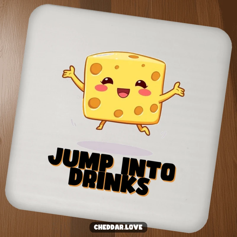 Funny Coasters: A cheese cube in a silly, wobbly jump, adding humorous protection to your tables.