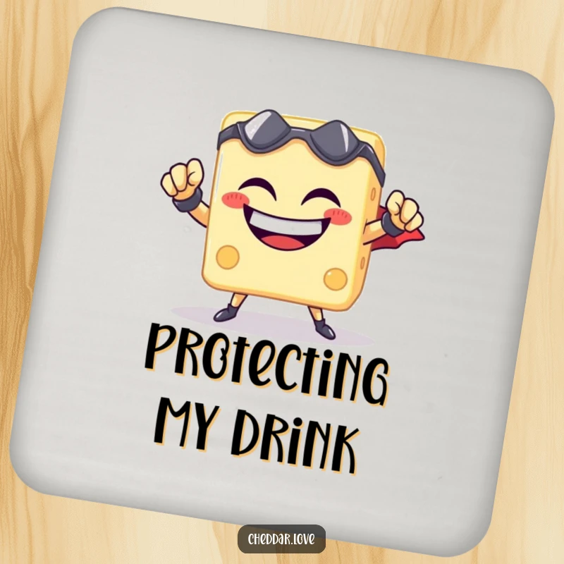 Funny cheese cube superhero coaster, grinning and standing guard, protecting surfaces with cheesy superpowers.