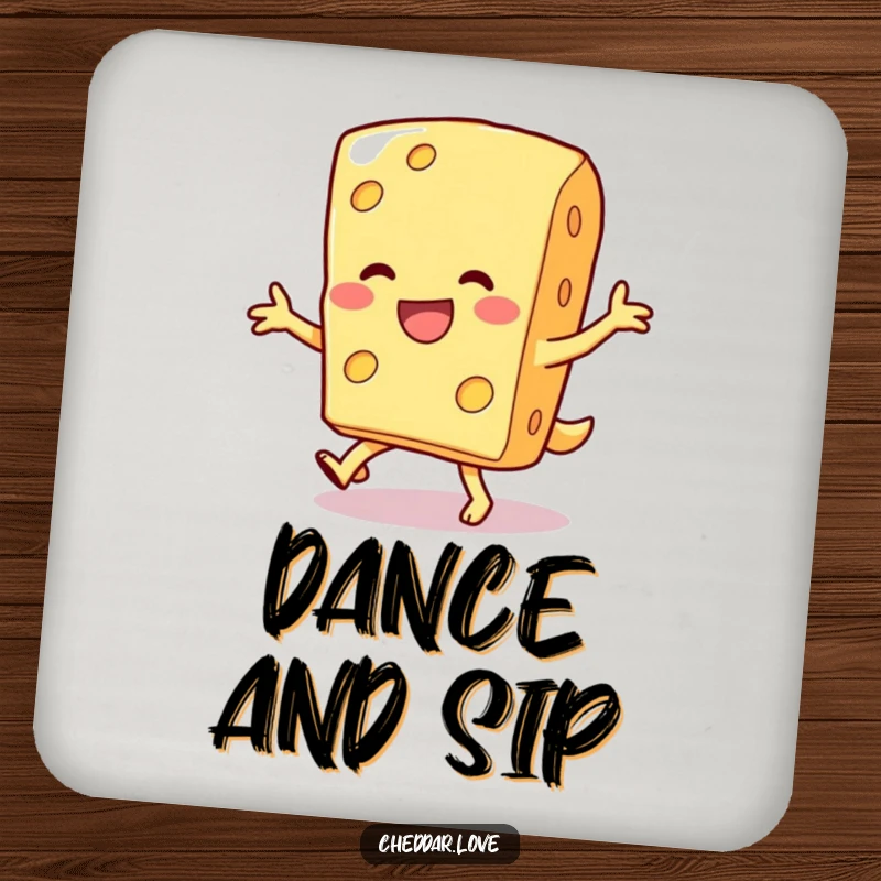 Funny drink coaster featuring a smiling cheese slice doing a silly dance, protecting surfaces with humor.