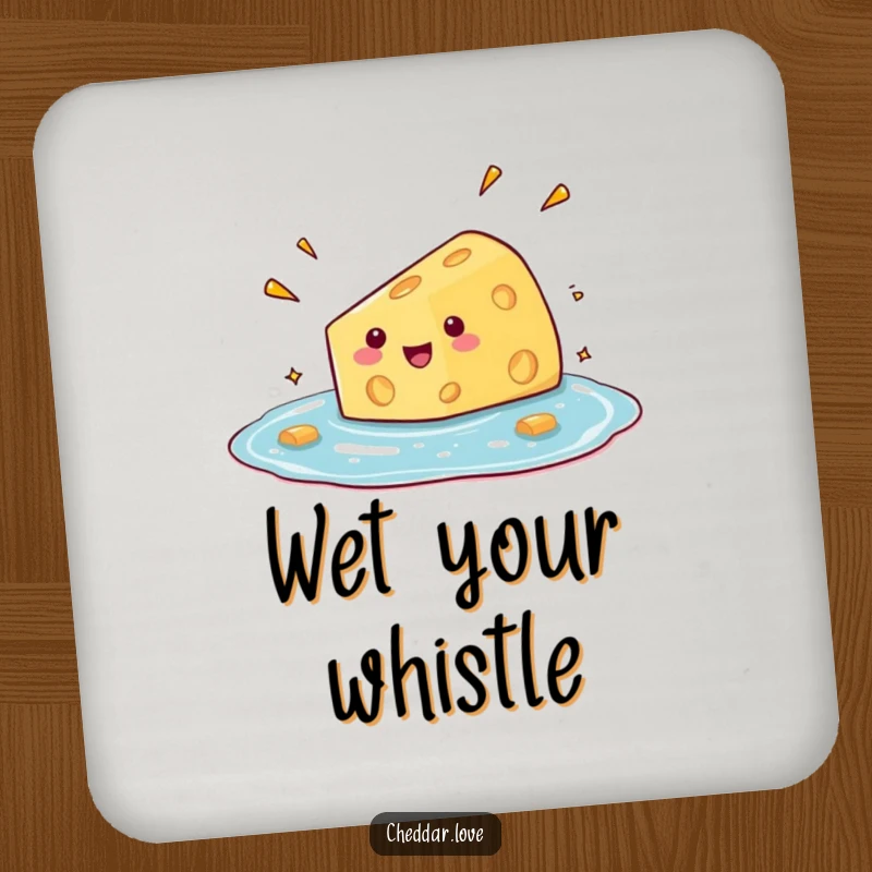 Funny drink coaster featuring a cheese wedge comically diving into a pool of glee, protecting surfaces humorously.