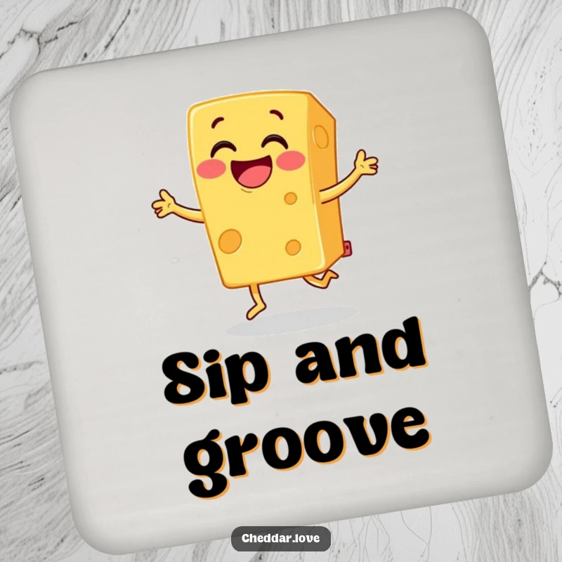 Funny cheddar cheese coaster, a block of grinning cheese doing a joyful jig, protecting furniture with a smile.