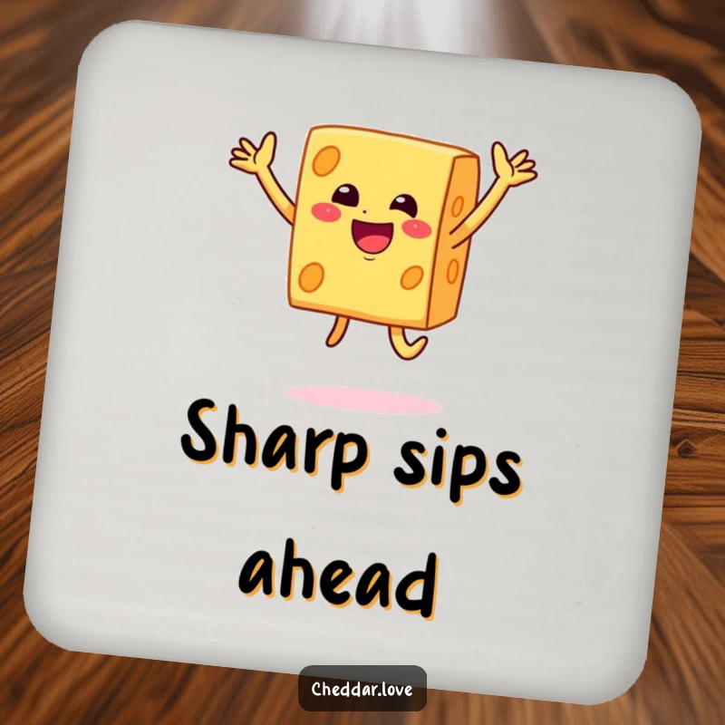 Funny smiley block of cheddar cheese doing a joyful jump on this protective and humorous drink coaster.