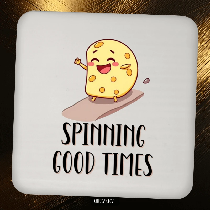 Funny Coasters: A cheese wheel with a mischievous grin rolls downhill, providing a humorous and protective touch to tabletops.