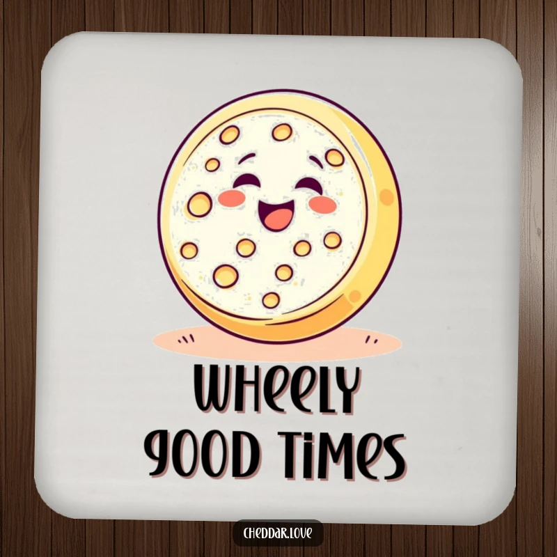 Funny happy cheese wheel rolling downhill with pure delight, a humorous and protective drink coaster for foodies.