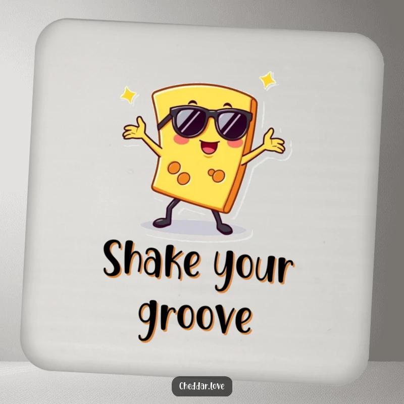 Funny drink coaster featuring a slice of cheese in sunglasses doing a disco pose, a humorous addition to any table.