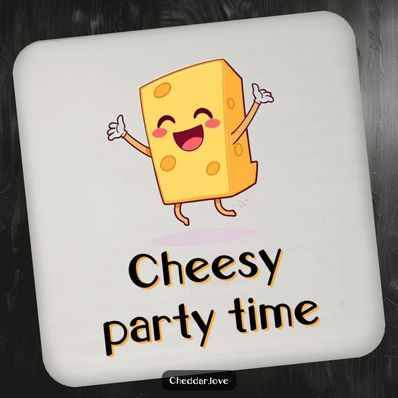 Funny grinning cheddar cheese slice dancing triumphantly, a protective and humorous drink coaster.