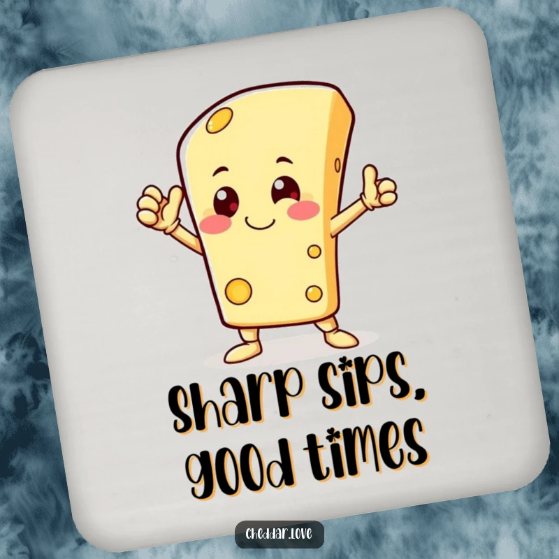 Funny drink coaster featuring a happy cheese character striking a heroic pose, adding comical heroism to any setting.
