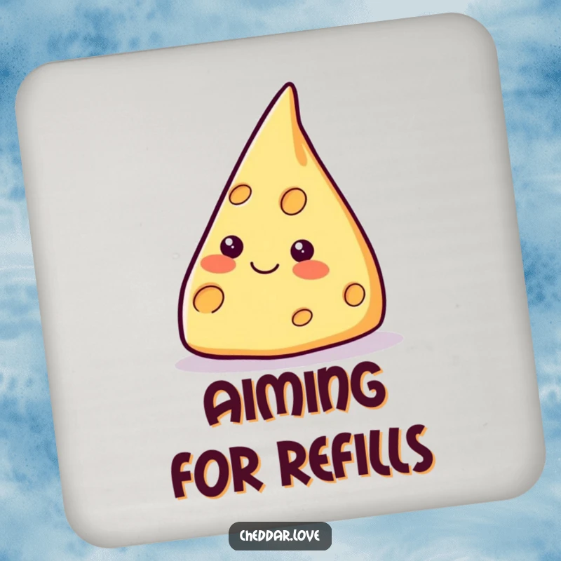 Funny smiling cheese wedge coaster, pointing upwards, ready to protect surfaces with cheesy aspiration.