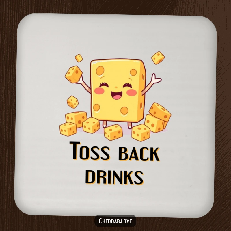 Funny Cheddar Cheese Coaster, a smiling block juggling cubes, offering protection and a dose of humor.