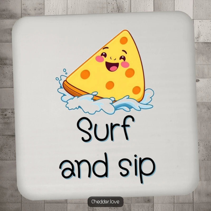 Funny Cheddar Cheese Coaster, a grinning wedge surfing a cheesy wave, offering protection and humorous style.