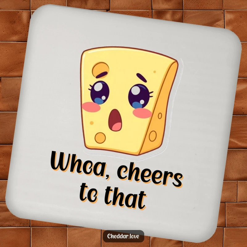 Funny drink coaster with a wide-eyed, open-mouthed cheese slice in a state of surprise. A fun funny gift.