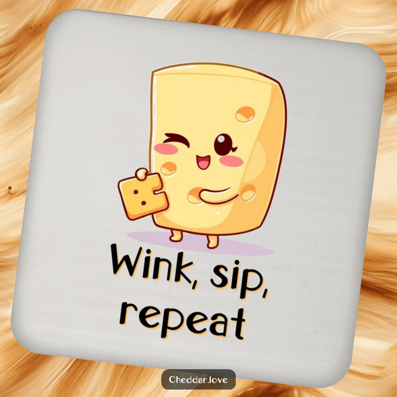 Funny drink coasters depicting a cheese wedge winking while holding a cracker, protecting surfaces with playful charm.