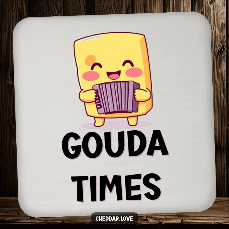 Funny cheese coaster showing a smiling cheddar cheese playing an accordion, protecting surfaces with musical flair.