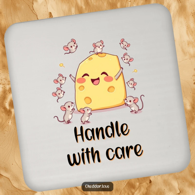 Funny drink coaster featuring a happy cheese wedge comically juggling tiny mice, protecting surfaces with cheesy charm.
