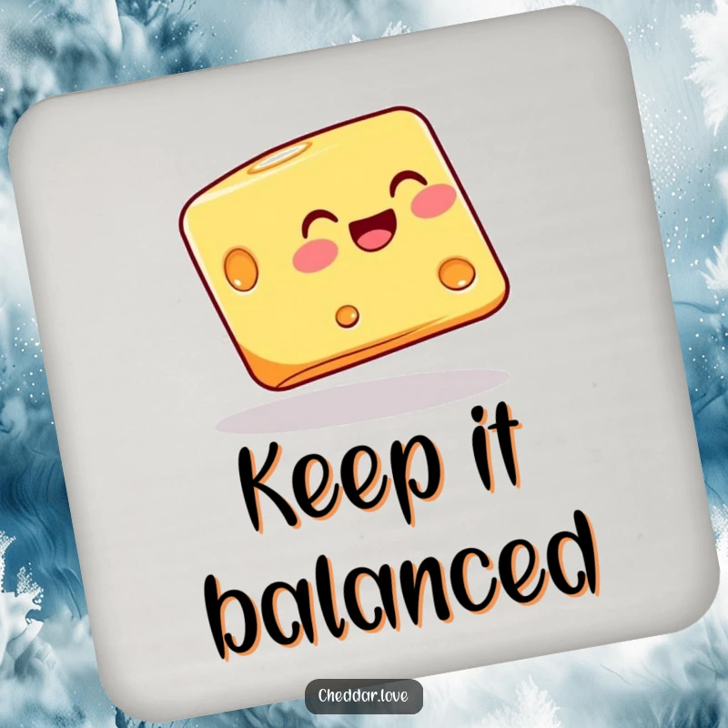 Funny cheese block joyfully balancing on its corner, on a drink coaster, for humorous and stable surface protection.