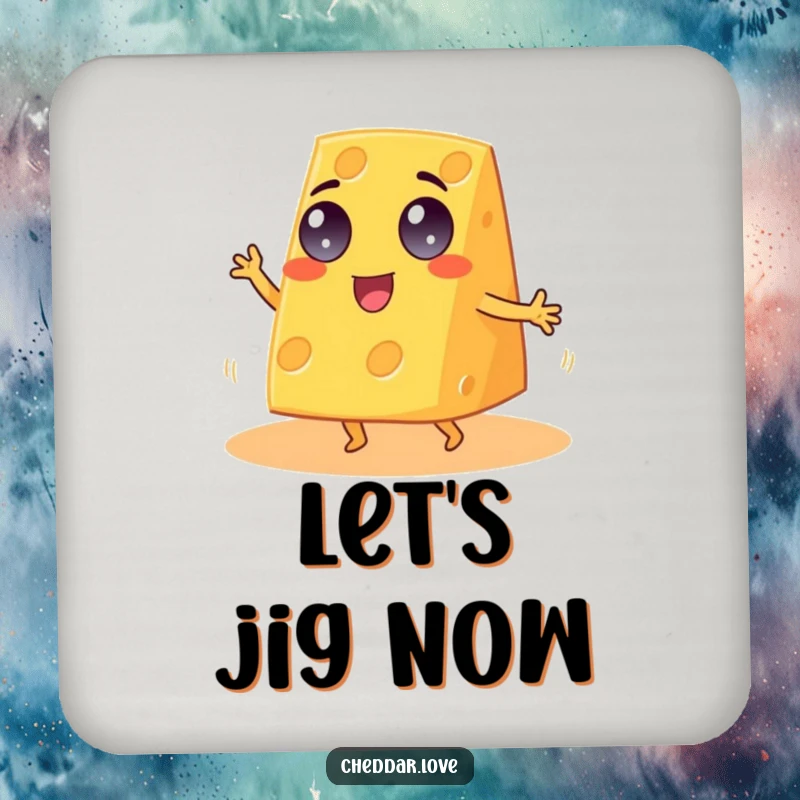 Funny Cheddar Cheese Coaster, a googly-eyed wedge doing an energetic jig, adding humor to drinks.