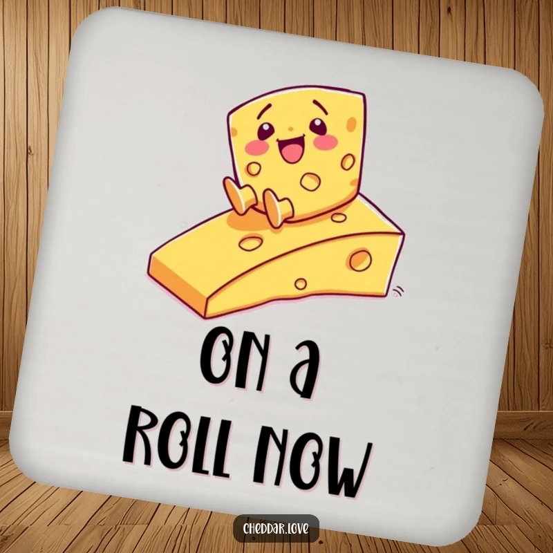 Funny Coasters: A happy cheese character sliding down a ramp, adding a fun and protective touch.