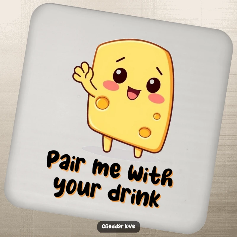 Funny coasters: A wedge of cheese waves enthusiastically, a humorous and protective tabletop accessory.