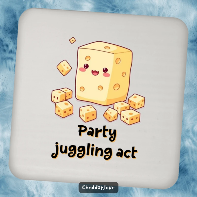 Funny drink coaster featuring a cheese block juggling small cheese cubes, a humorous addition to any table setting.