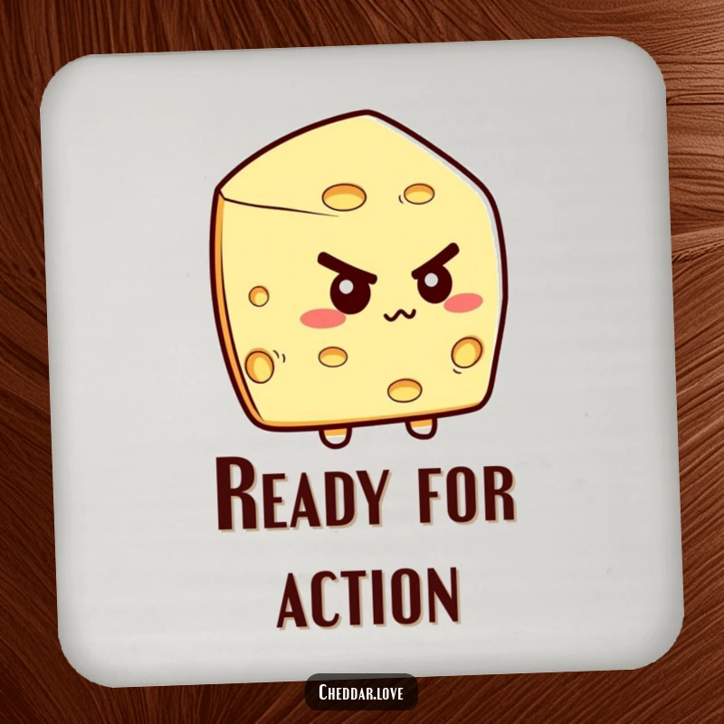 Funny drink coaster with a determined cheese wedge, ready to protect surfaces with focus. A smart funny gift.